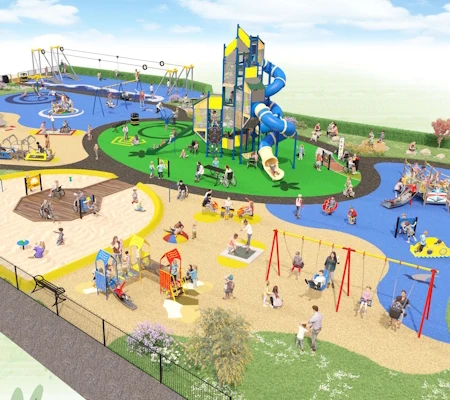 Artist's impression of the new Rowley Park play area: a tall tower with a blue spiral slide, swings, a zip line, sandy play zones and paths, with families using the equipment.