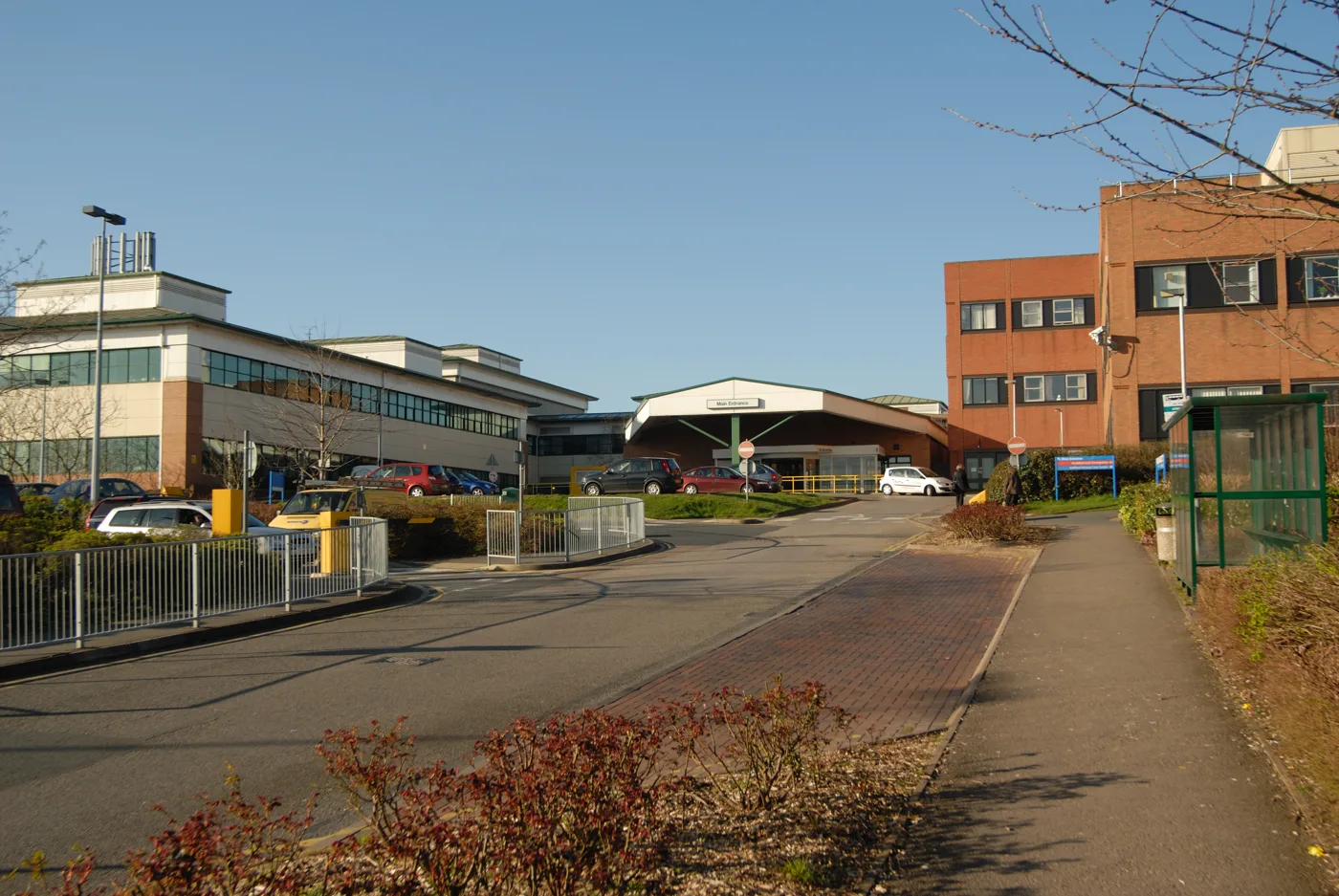 The main entrance at County Hospital, Stafford. Antenatal and postnatal appointments continue here; births do not. The photograph was taken in 2011.
